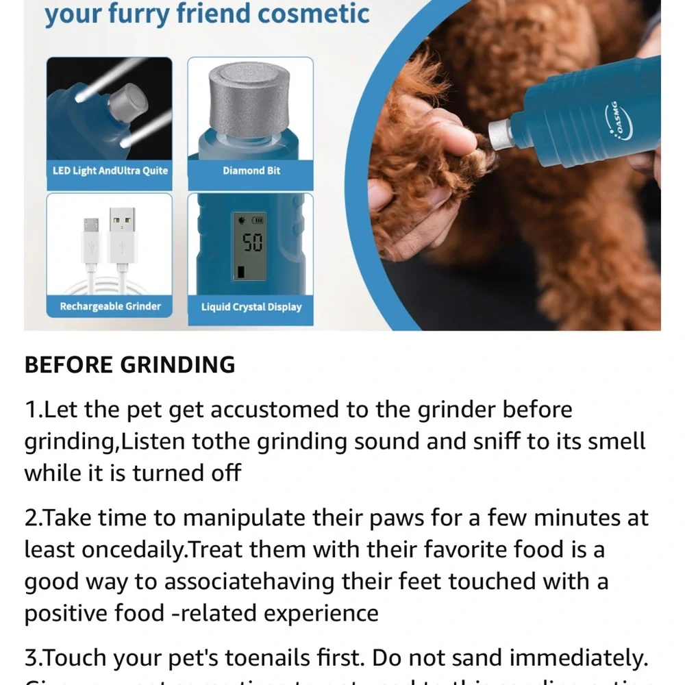 Professional 3-Speed Dog Nail Trimmers - Rechargeable with LED Lights (Blue)